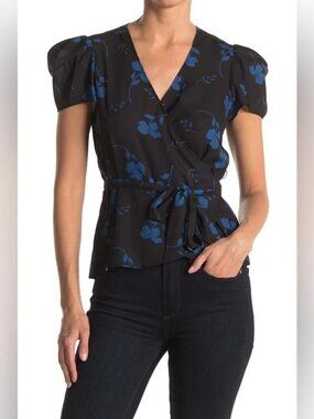 Parker Puff Sleeve Floral Print Wrap Top in the "Fulton Stems" - Size M - NWT